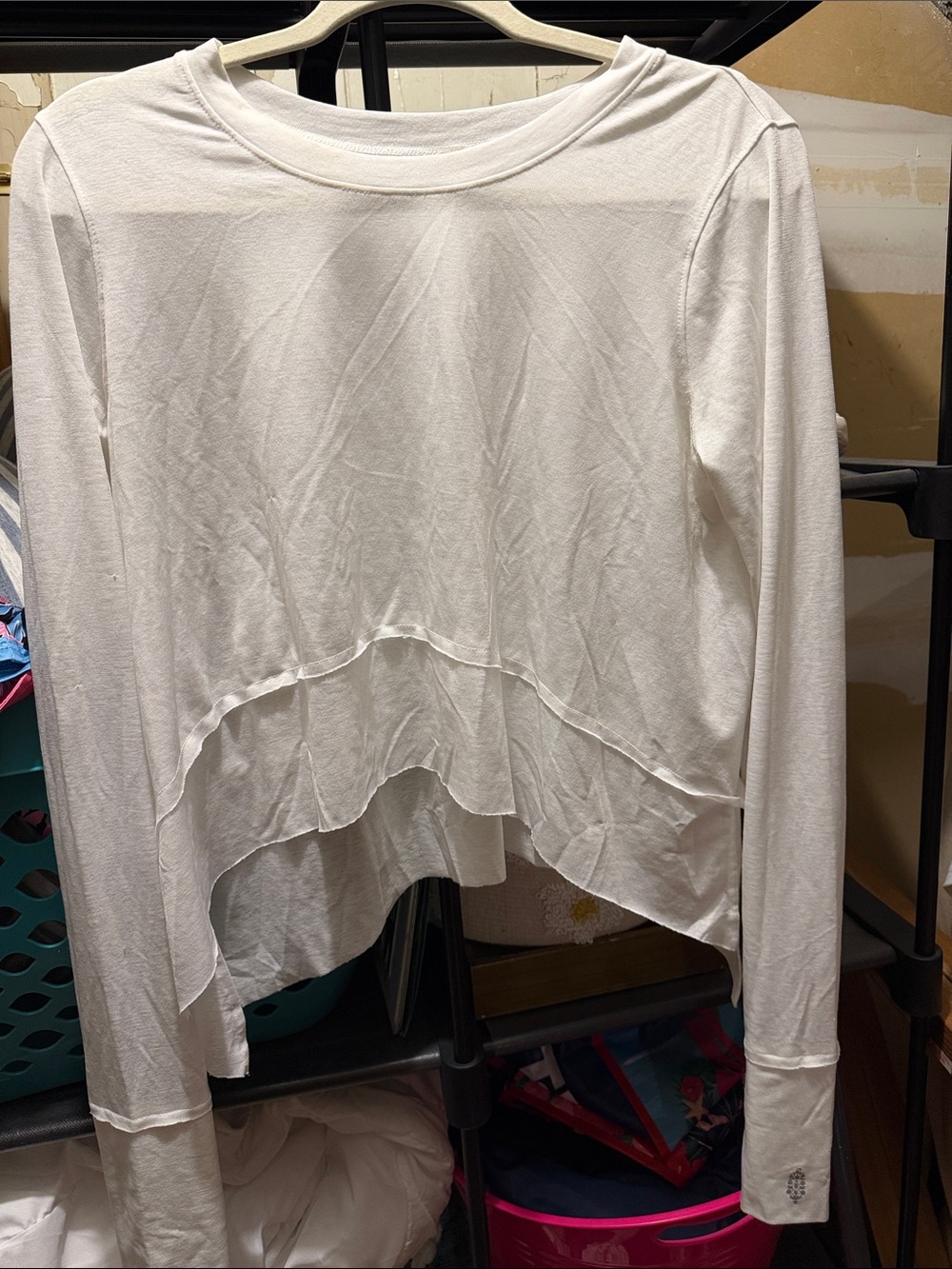 Free People White Layered-Hem Long Sleeve Tee